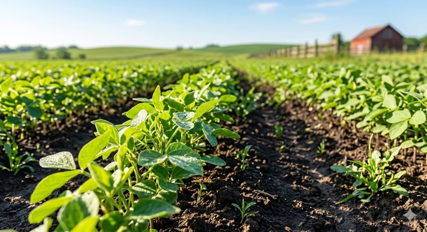 Rows of healthy soybean plants growing in rich soil — representing agriculture's stake in clean water and PFAS-free land